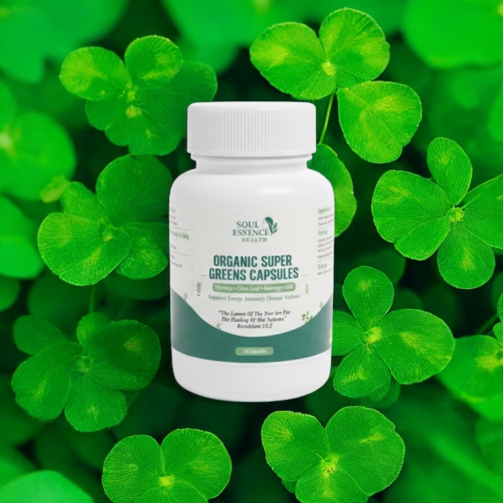 Four powerful natural herbs and greens often used for immunity, detox, and overall wellness: Organic Soursop, Kale, Moringa & Olive Leaf