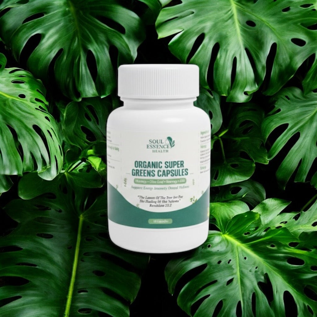 Four powerful natural herbs and greens often used for immunity, detox, and overall wellness: Organic Soursop, Kale, Moringa & Olive Leaf